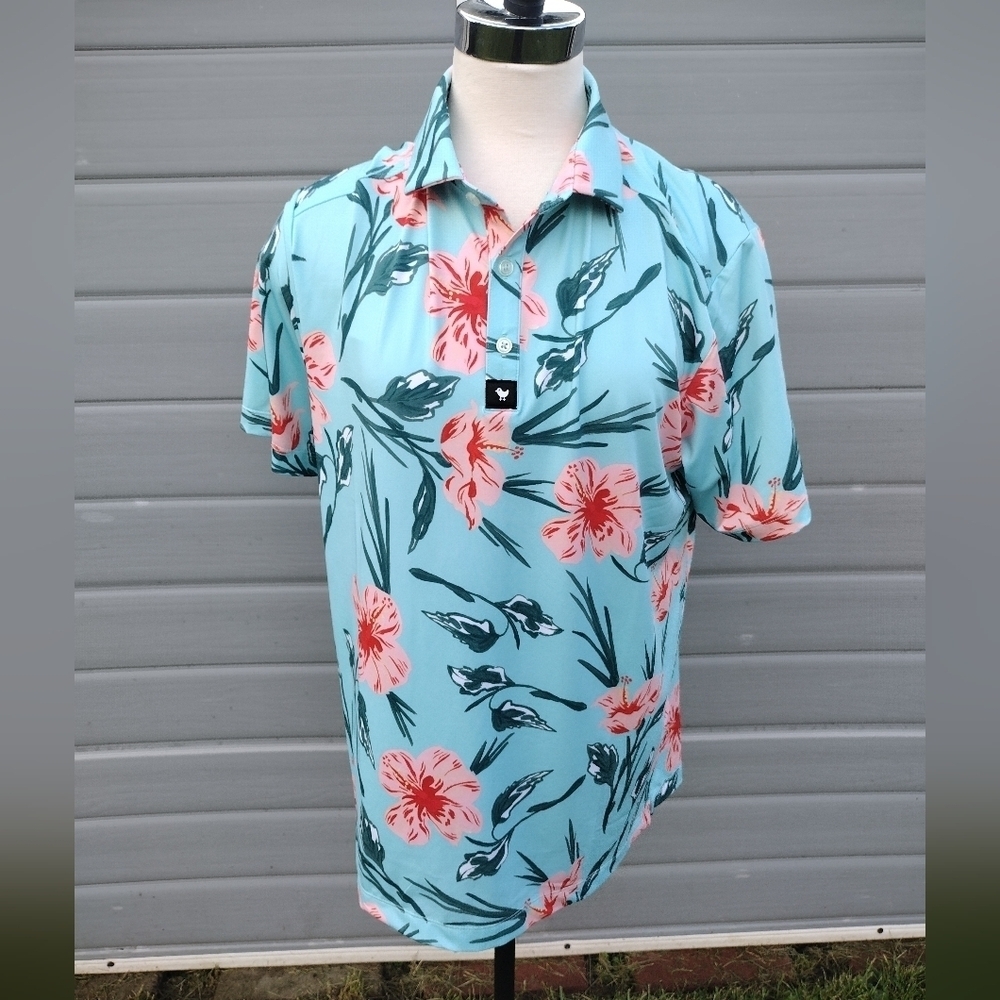 Bad Birdie Never Lei Up Floral Golf Polo Shirt Mens M Teal Hawaiian